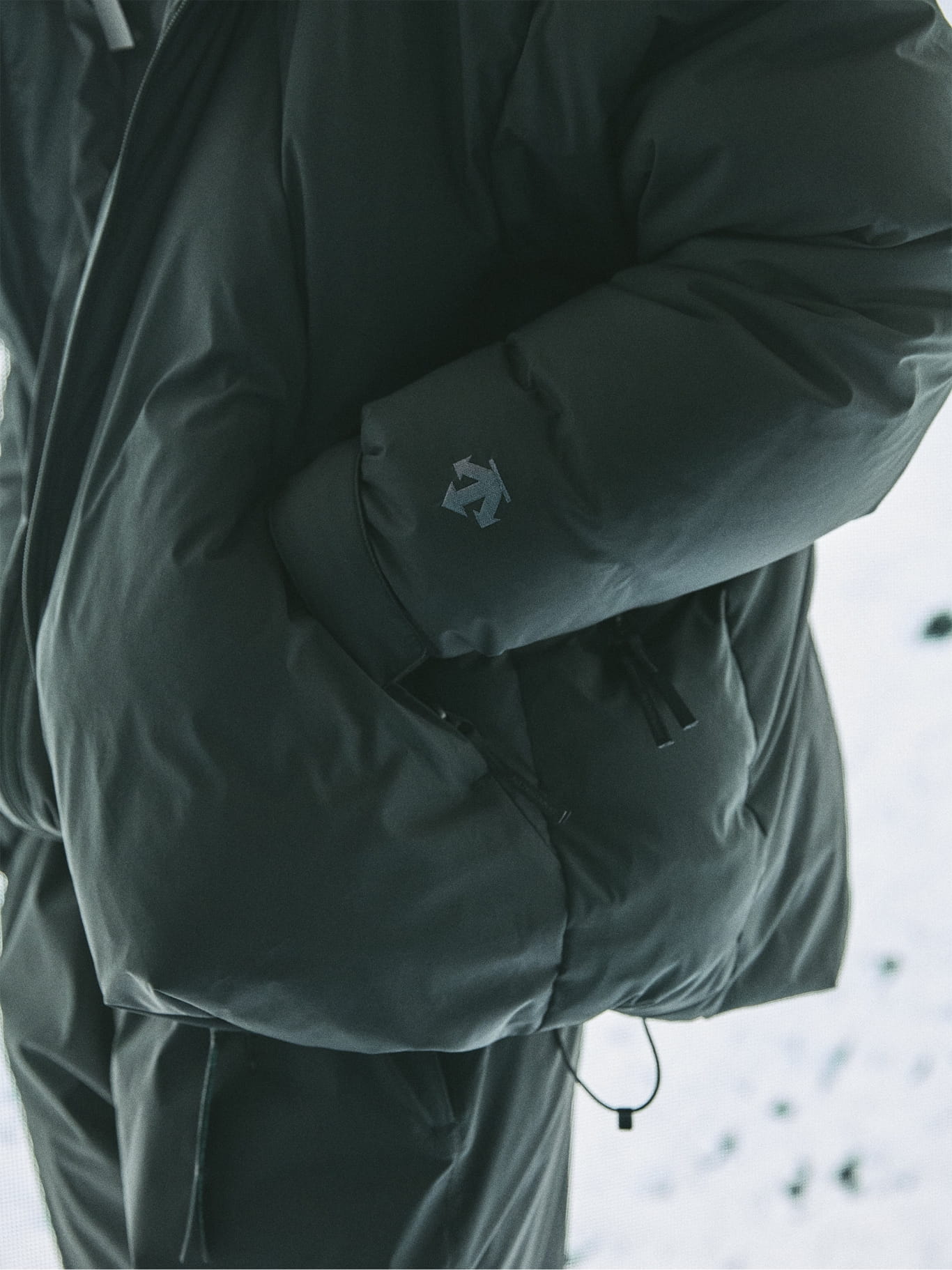 DESCENTE × N.HOOLYWOOD COMPILE DOWN JACKETの袖ロゴとポケットのディテール