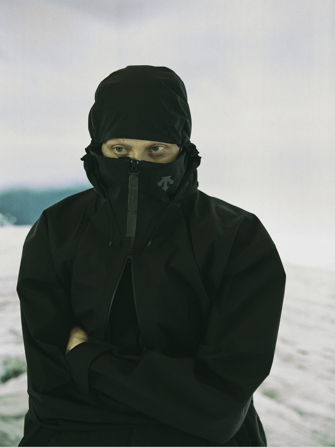 DESCENTE × N.HOOLYWOOD COMPILE SHELL JACKETのハイネックとフロントデザイン